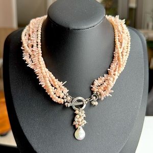 Coral Multi Strand Necklace w Sterling Silver Toggle Clasp 15.5”